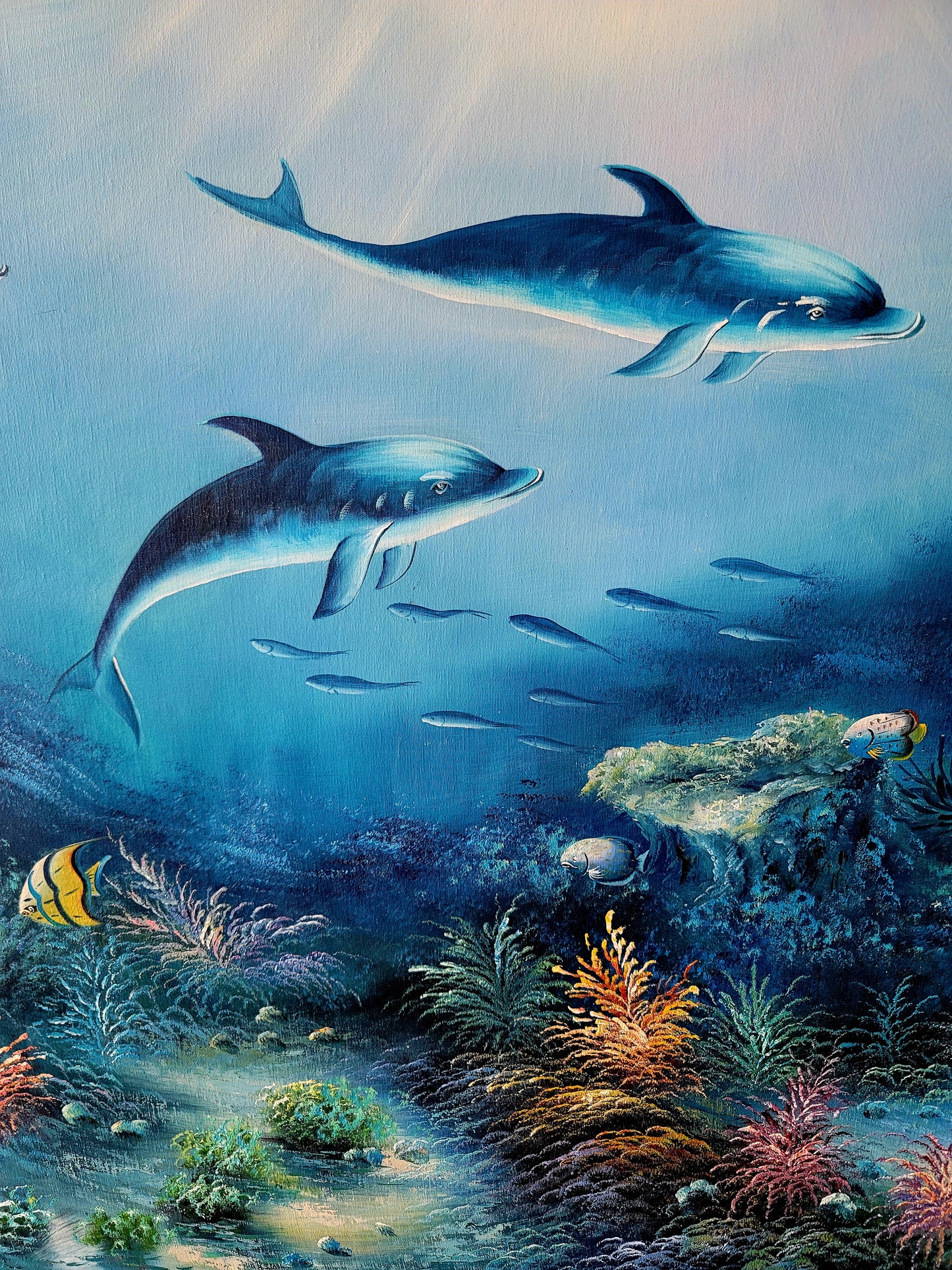Cuadro al oleo – Familia de Delfines en Armonía Submarina🖌️🎨