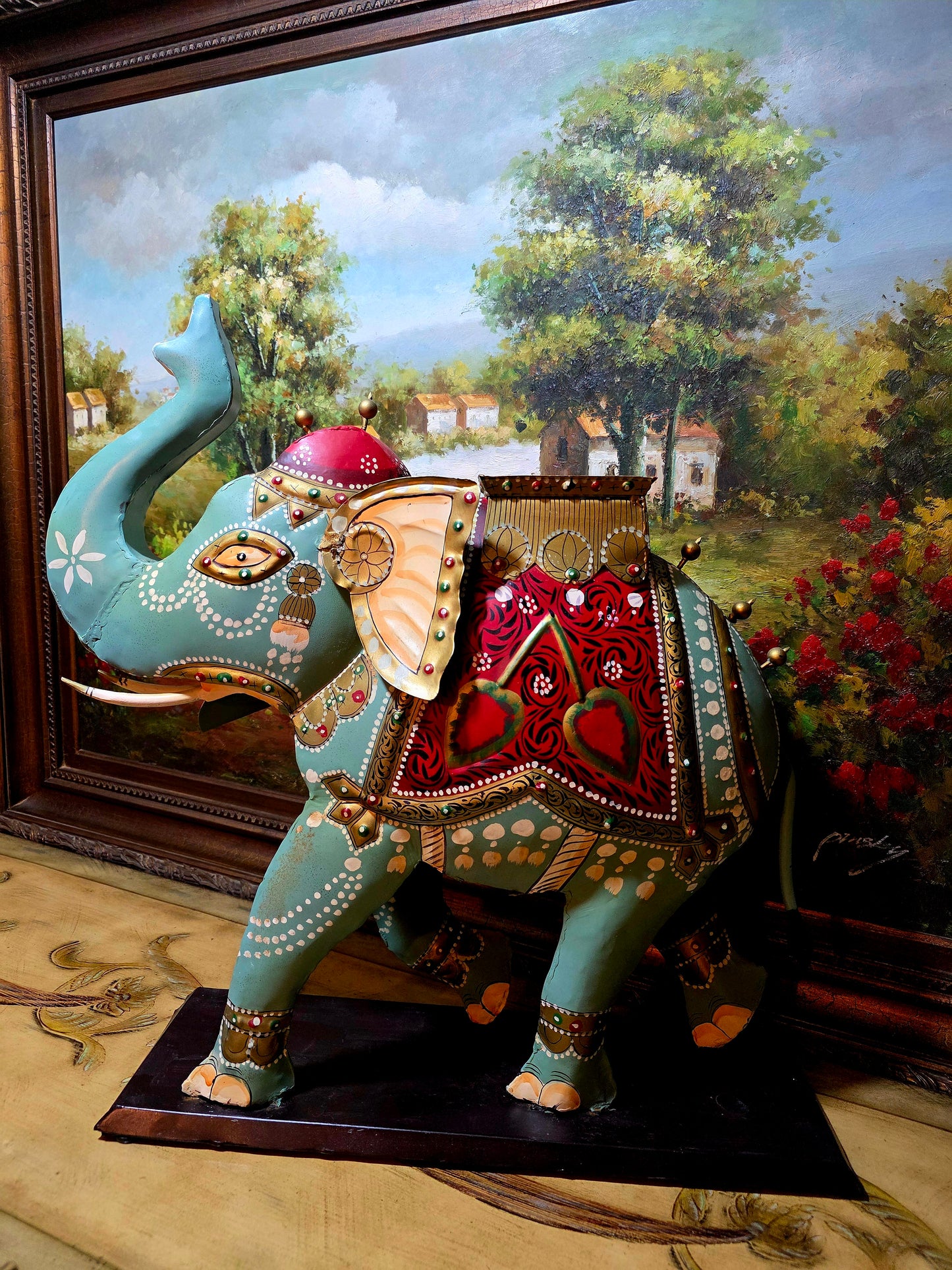 💚🐘💚 Elefante Decorativo de Metal Pintado A Mano – Arte Único en Rosarito Antiques 💚🐘💚