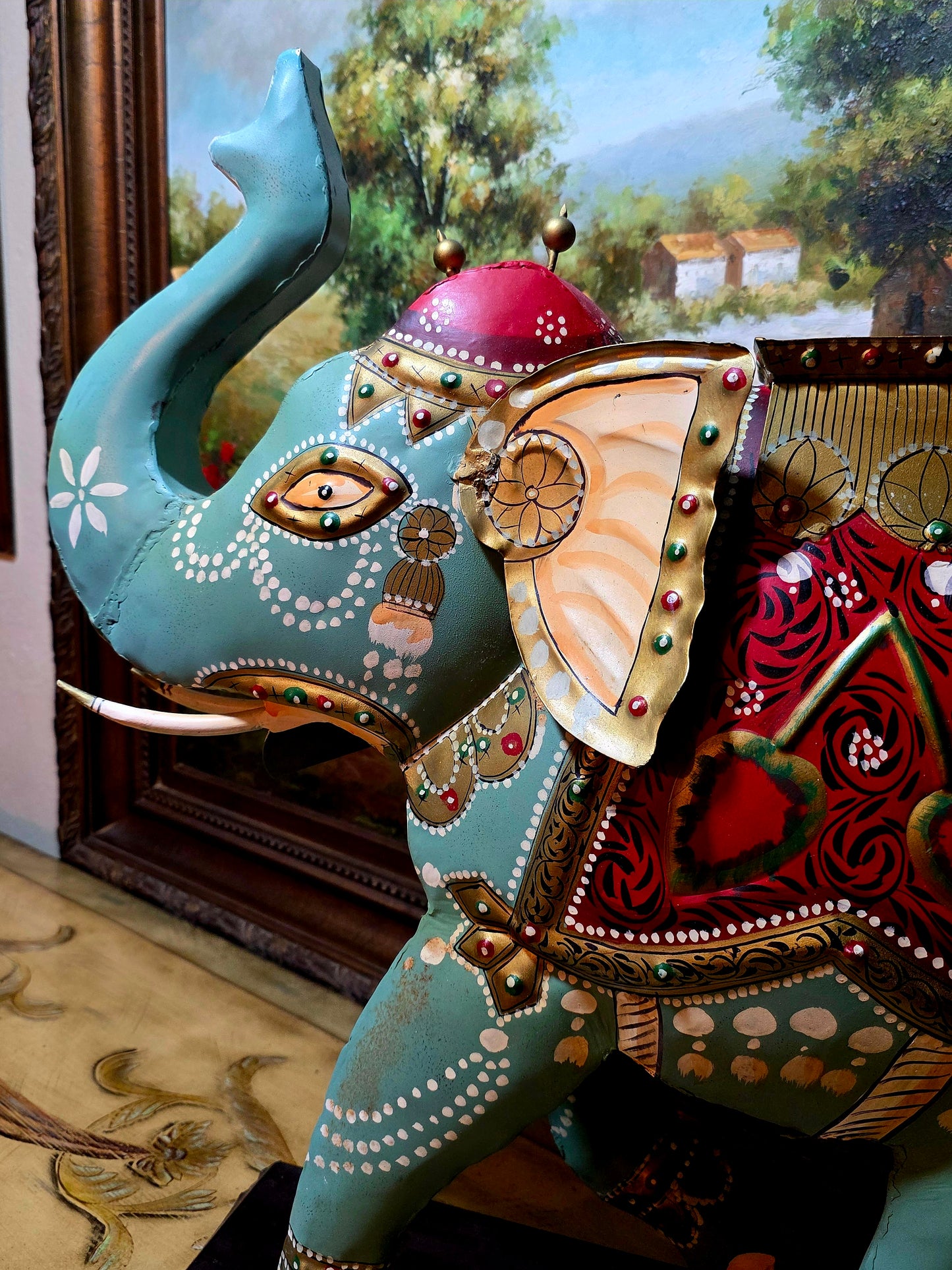💚🐘💚 Elefante Decorativo de Metal Pintado A Mano – Arte Único en Rosarito Antiques 💚🐘💚