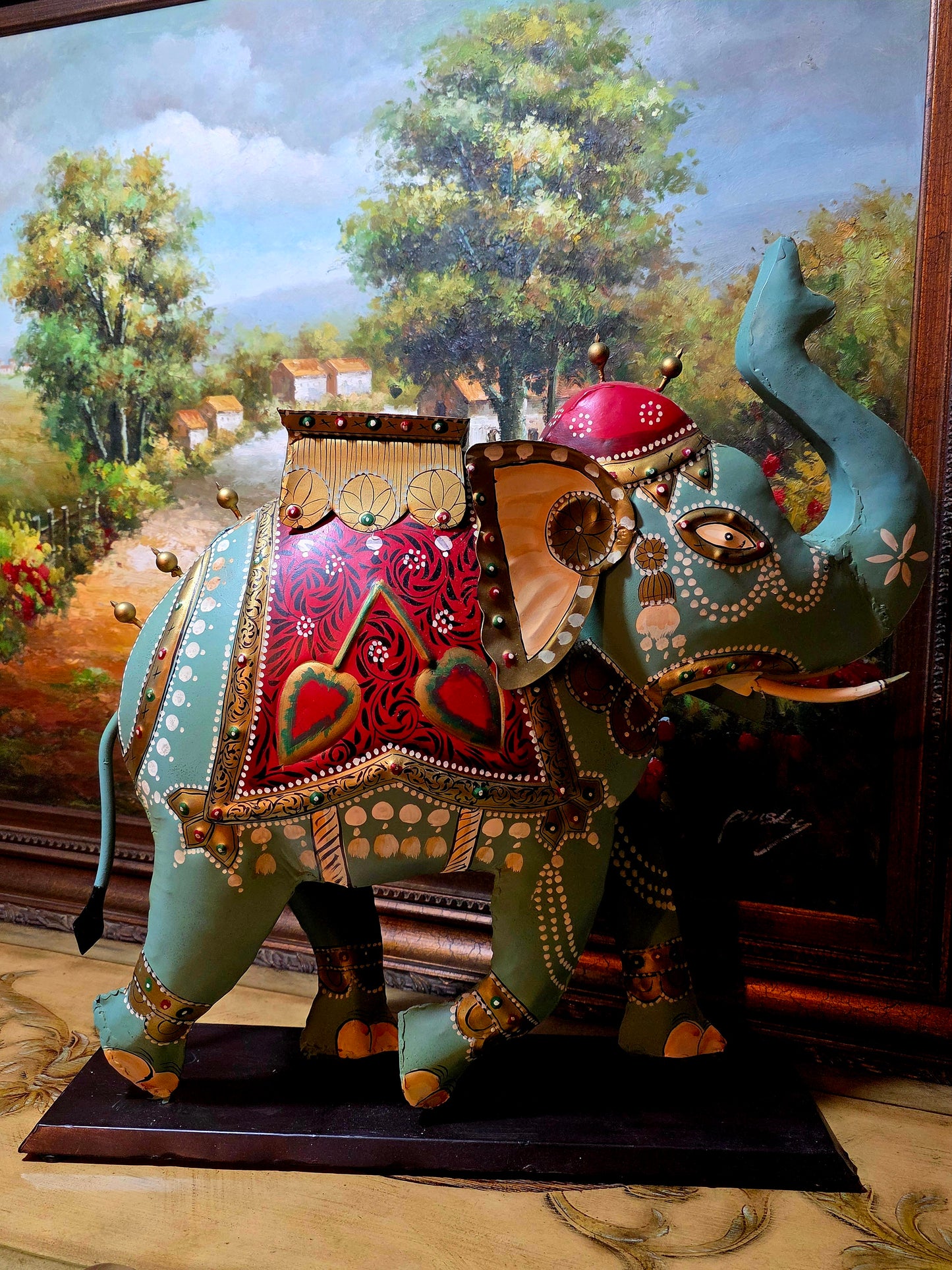 💚🐘💚 Elefante Decorativo de Metal Pintado A Mano – Arte Único en Rosarito Antiques 💚🐘💚