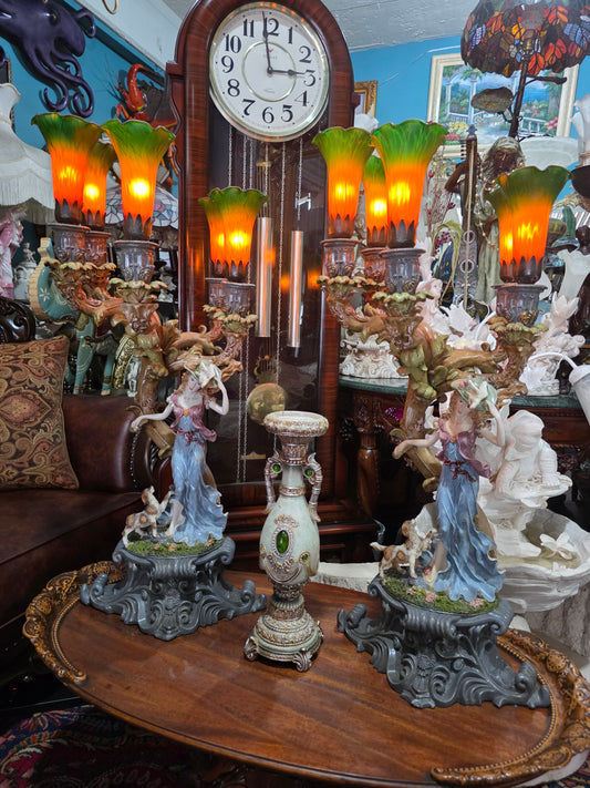 Pair of Vintage Woman Sculpture Lamps with 5 Tulip-Shaped Glass Shades