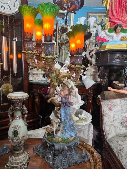 Pair of Vintage Woman Sculpture Lamps with 5 Tulip-Shaped Glass Shades