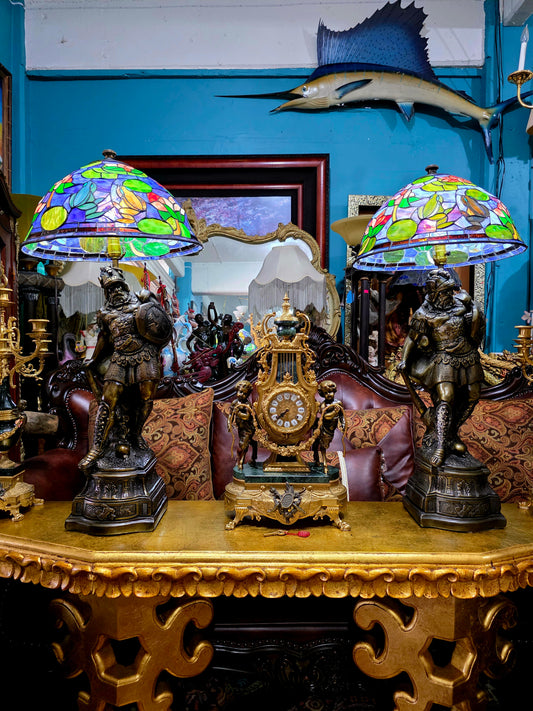 🔮 Mid-Century Lamps with Viking Warrior Sculpture and Original Stained Glass (c. 1960) 🛡️