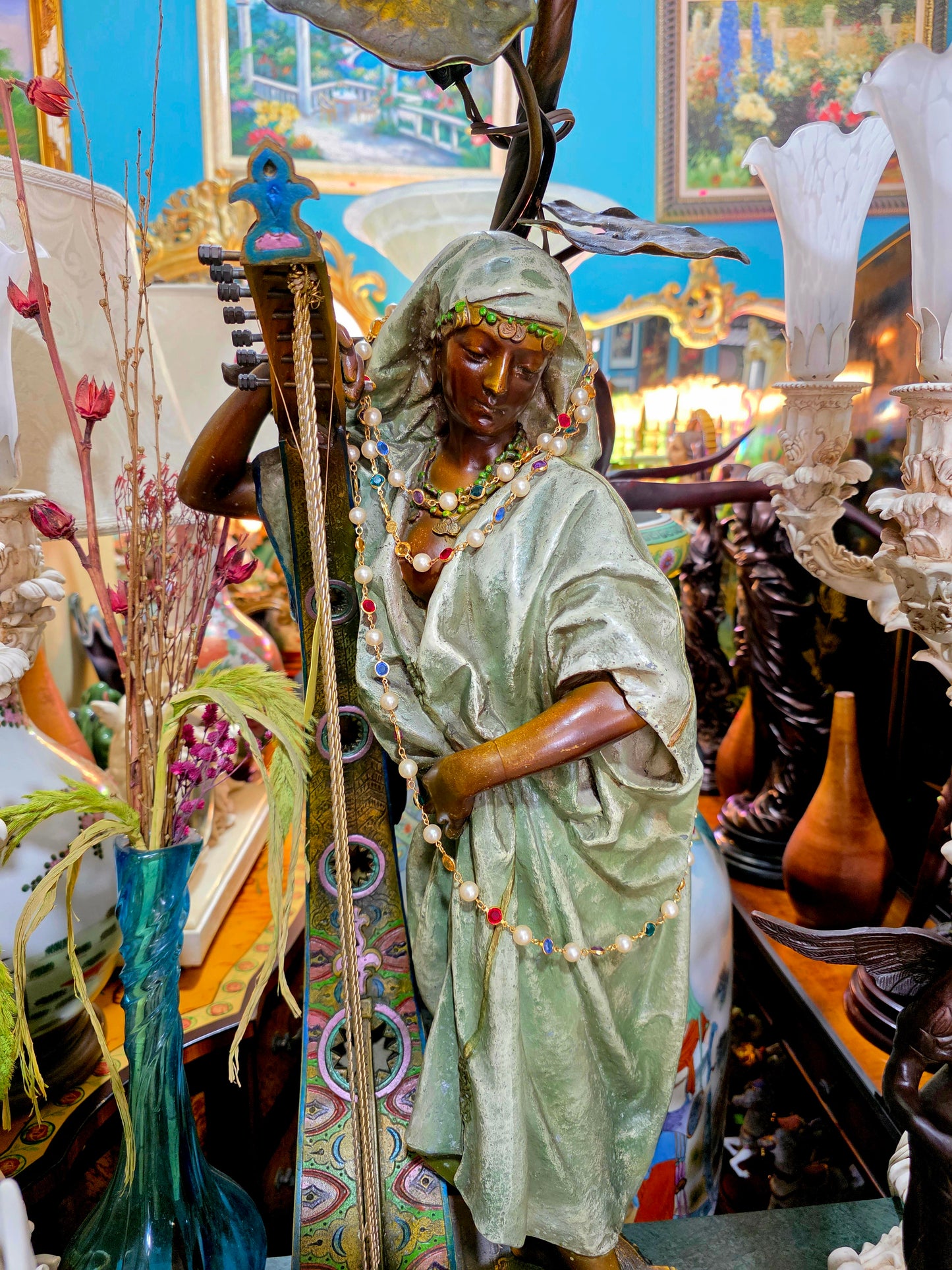 🔱Bronze Sculpture "Jeune Harpiste Arabique" by Louis Hottot - A Masterpiece for Sale🔱