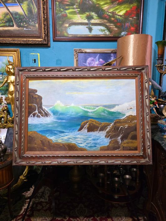 🌊 Cuadro Vintage con Paisaje Costero – Pintura Original en Óleo con Marco de Madera 🖼️