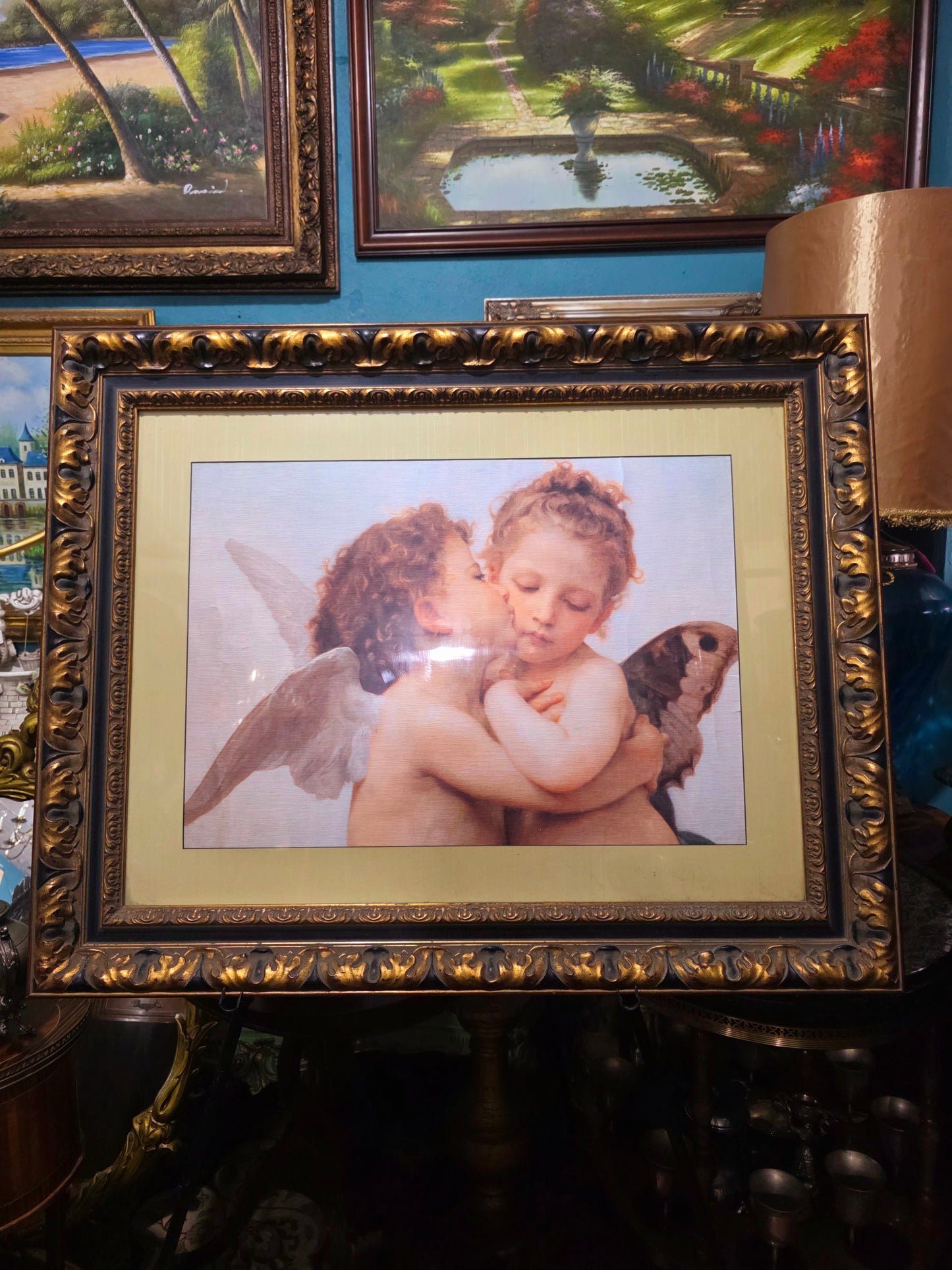 πΌ Vintage Painting with Lithograph of Angels β Aged Gold Wooden Frame πΌ