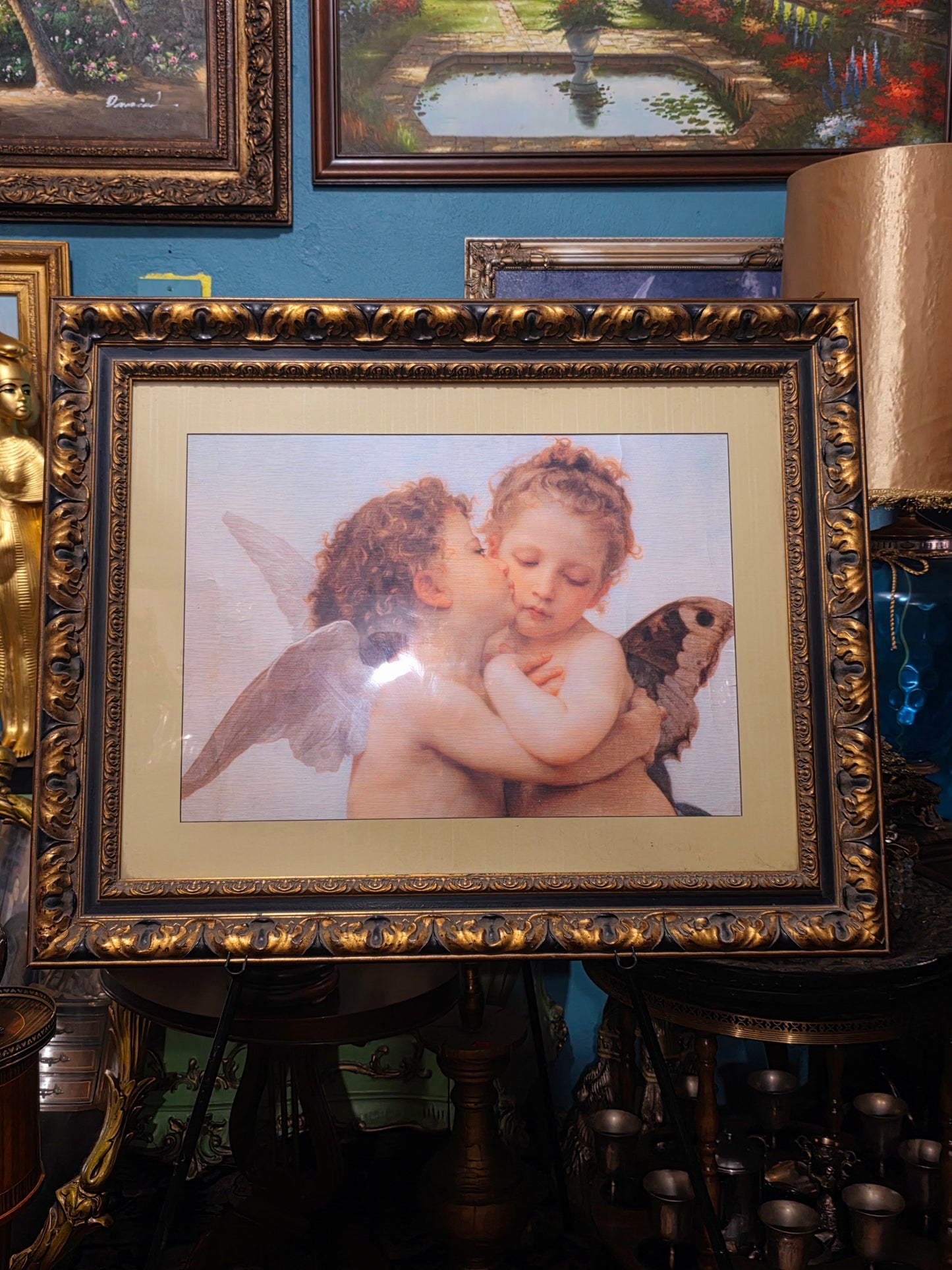 πΌ Vintage Painting with Lithograph of Angels β Aged Gold Wooden Frame πΌ