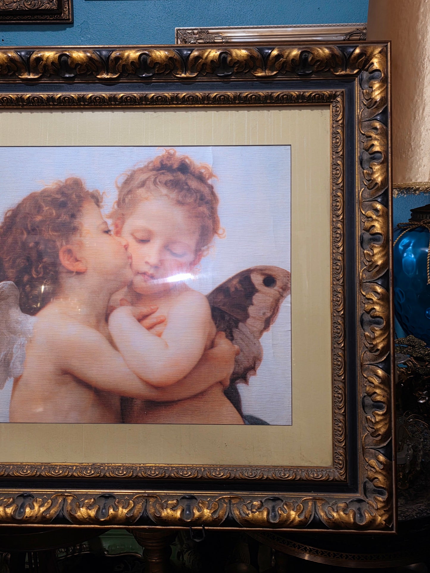 πΌ Vintage Painting with Lithograph of Angels β Aged Gold Wooden Frame πΌ