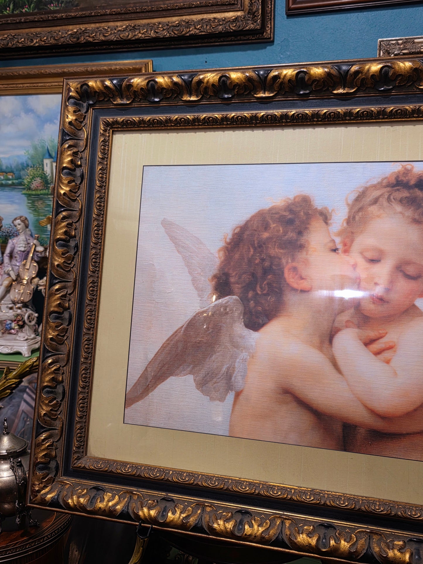 πΌ Vintage Painting with Lithograph of Angels β Aged Gold Wooden Frame πΌ
