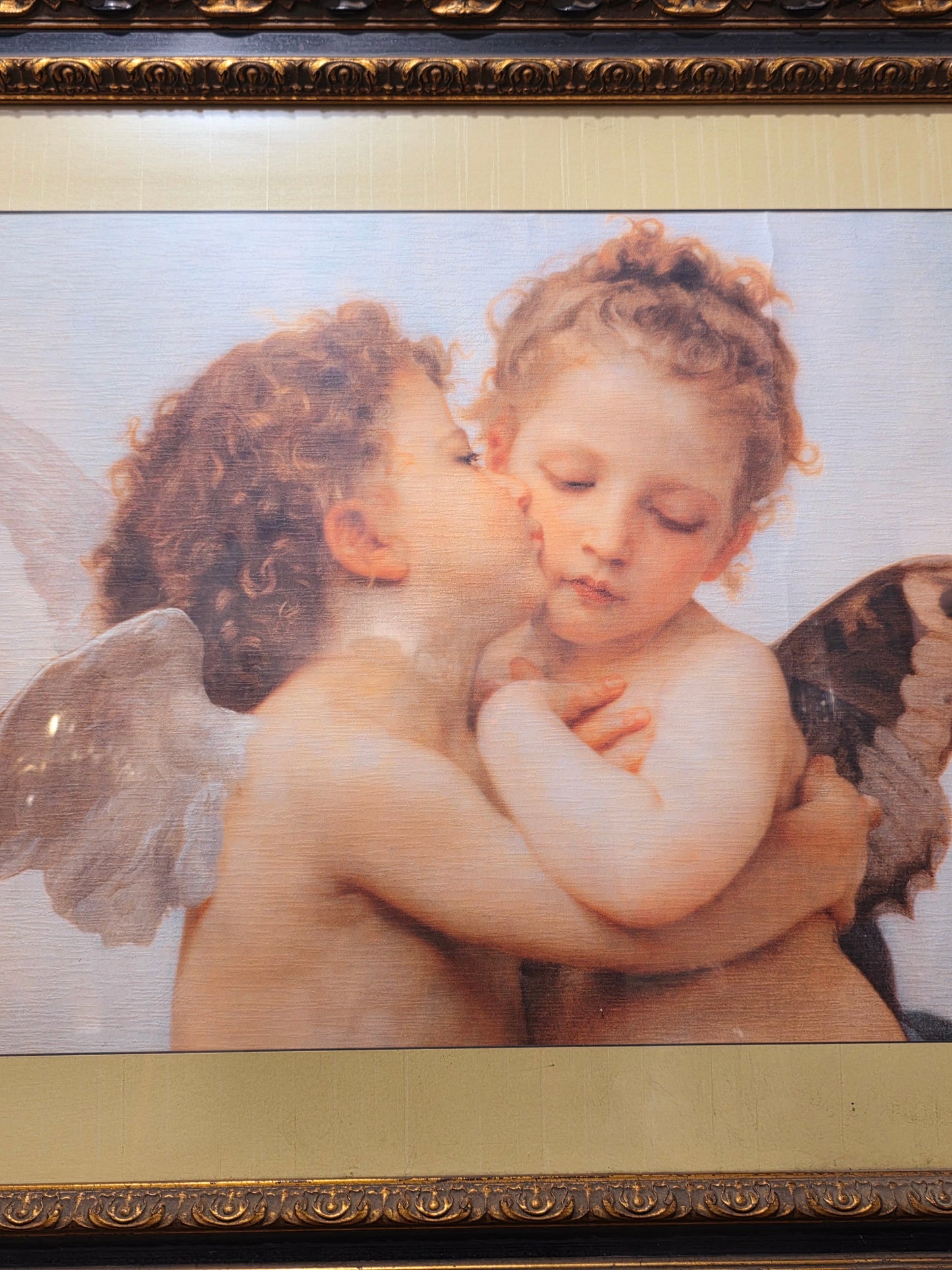 πΌ Vintage Painting with Lithograph of Angels β Aged Gold Wooden Frame πΌ