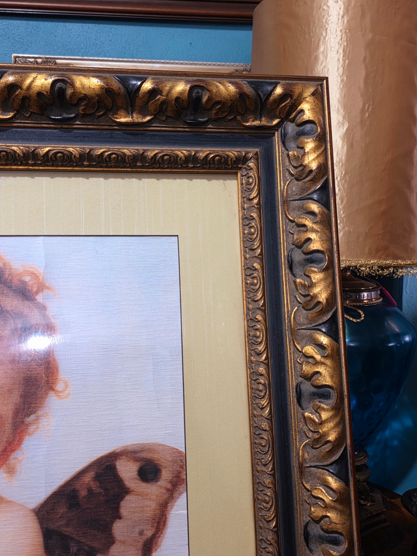 πΌ Vintage Painting with Lithograph of Angels β Aged Gold Wooden Frame πΌ