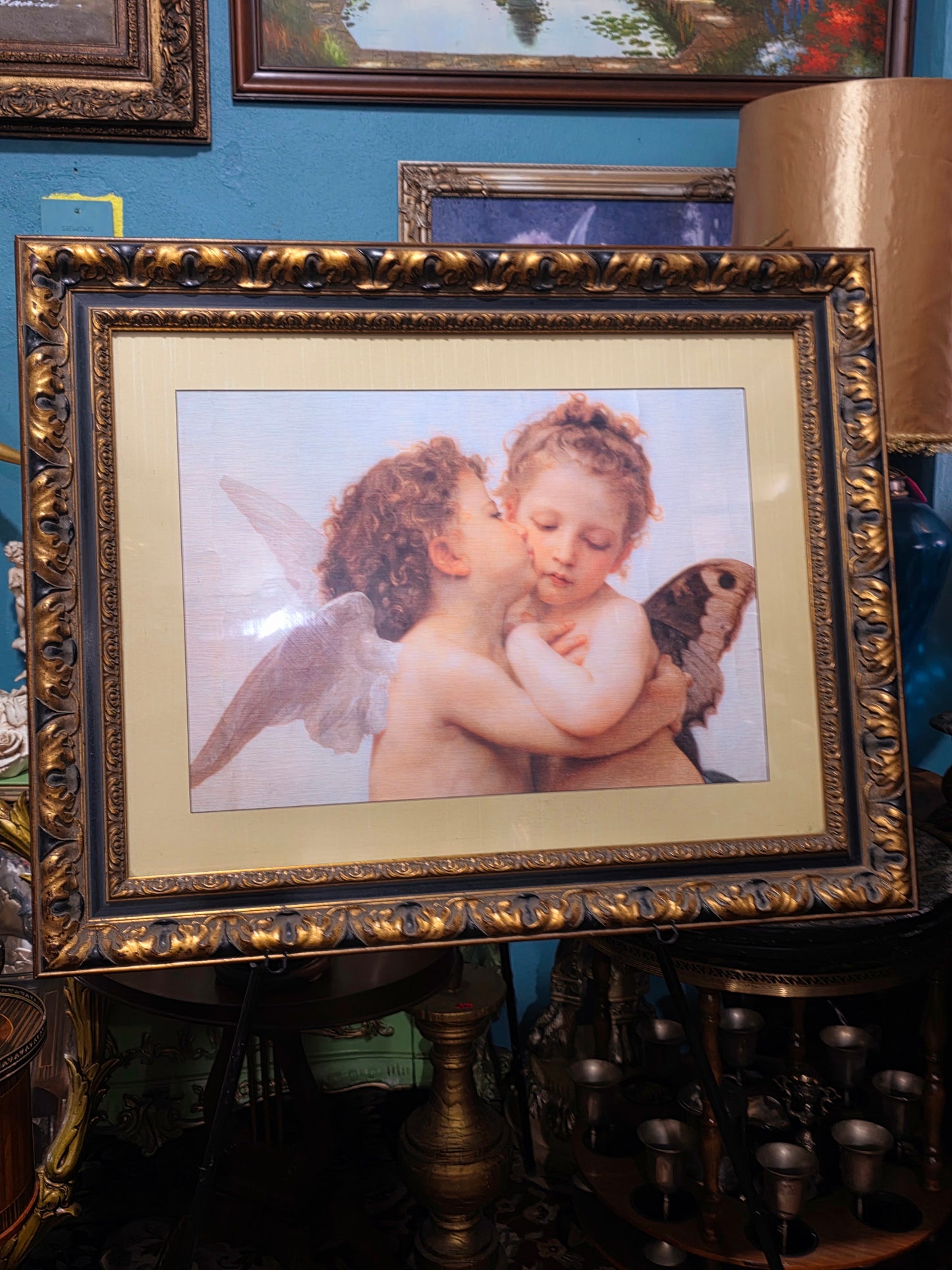 πΌ Vintage Painting with Lithograph of Angels β Aged Gold Wooden Frame πΌ