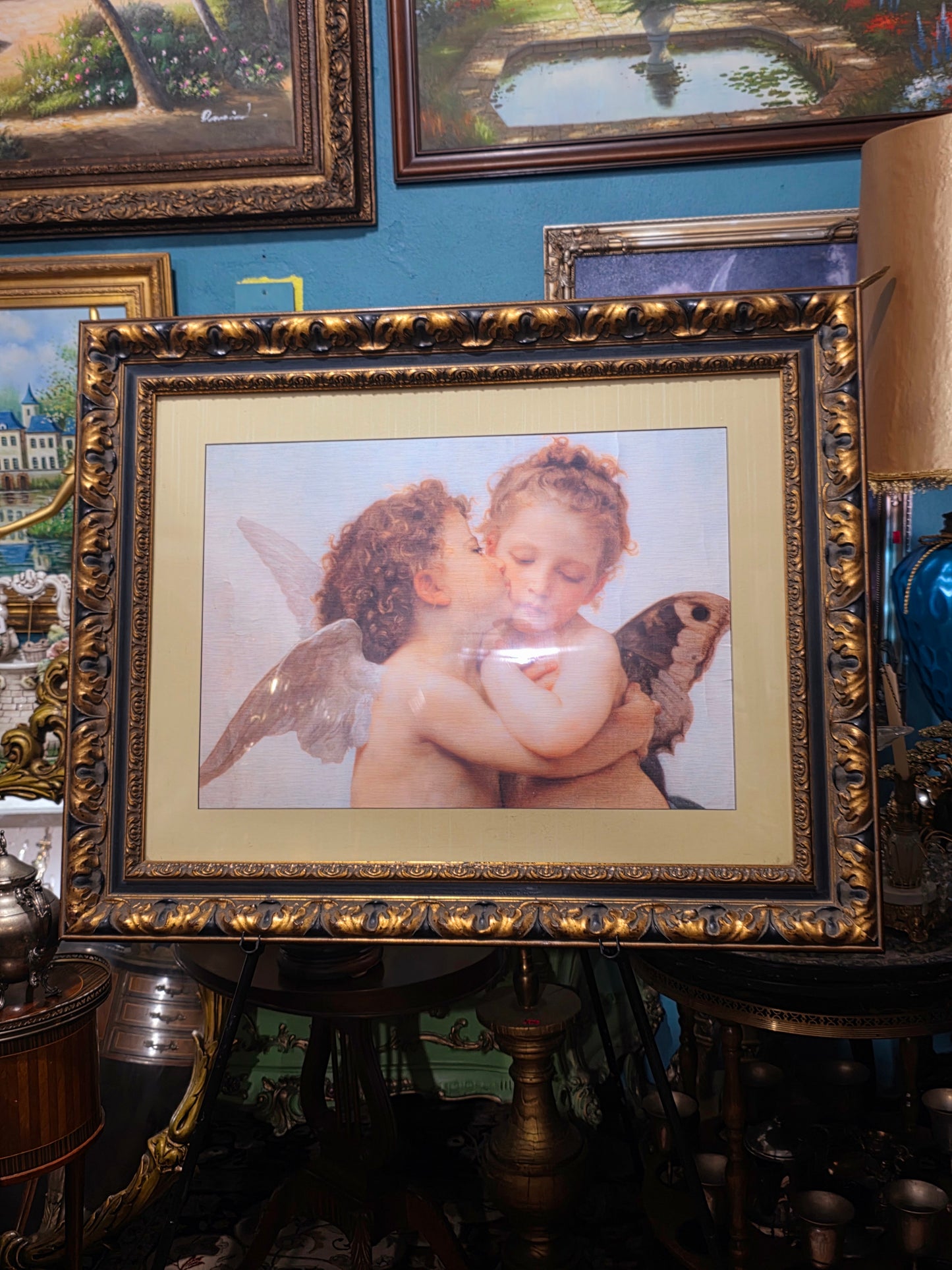 πΌ Vintage Painting with Lithograph of Angels β Aged Gold Wooden Frame πΌ