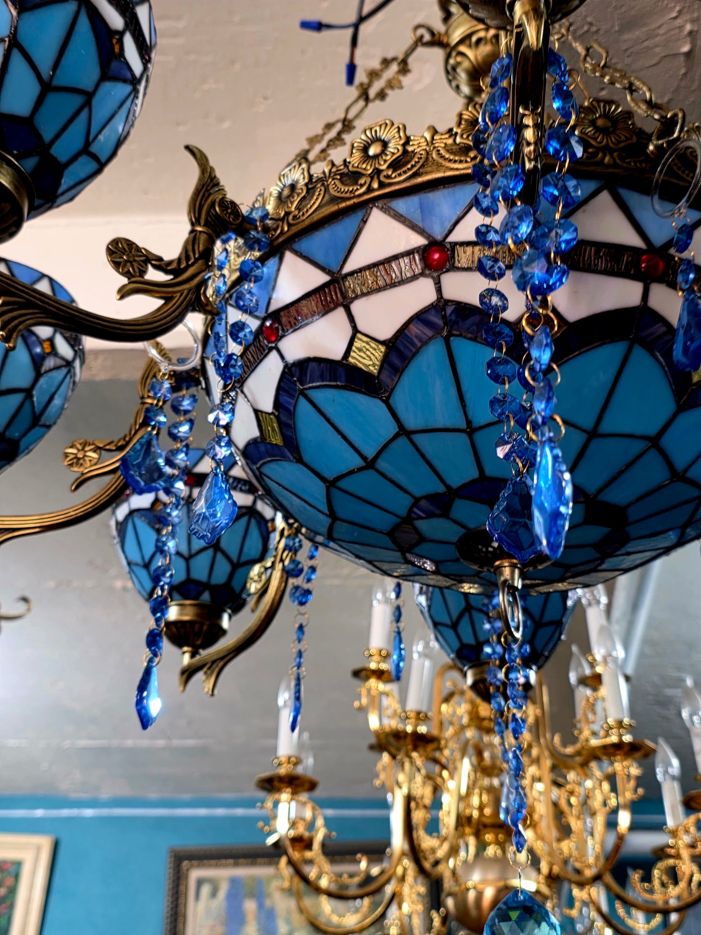 🔱💎 Candil Tiffany Retro de 9 Luces — Elegancia en Vitrales y Cristales 💙🔱