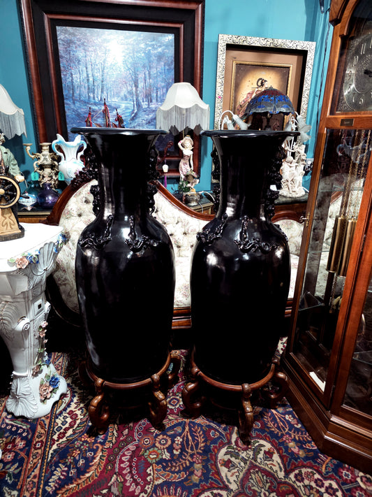 ๐ค Par de Jarrones Orientales en Fibra de Vidrio con Base de Madera ๐ค