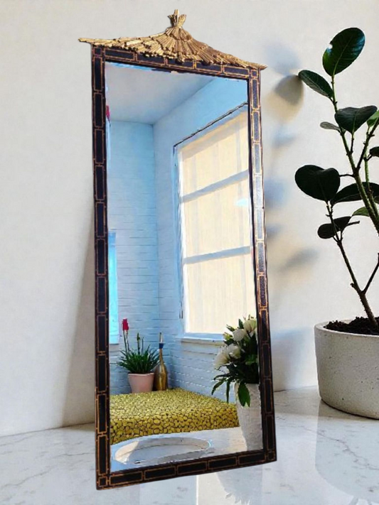 🐦 Espejo monumental estilo Chinoiserie con remate de pagoda dorada - Espejo Orietal Mid-Century🐦