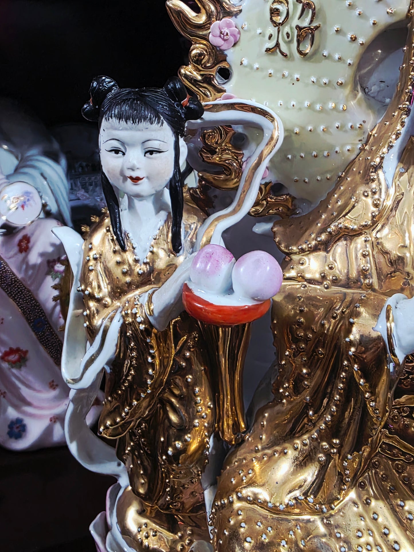 Fine Porcelain Ornamental Figurine – Guanyin with Gold and Pastel Details 🕊️🔮🌿
