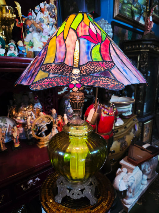 Tiffany Stained Glass Lamp with Dragonflies - Crystal and Bronze Base 🕯️🪶