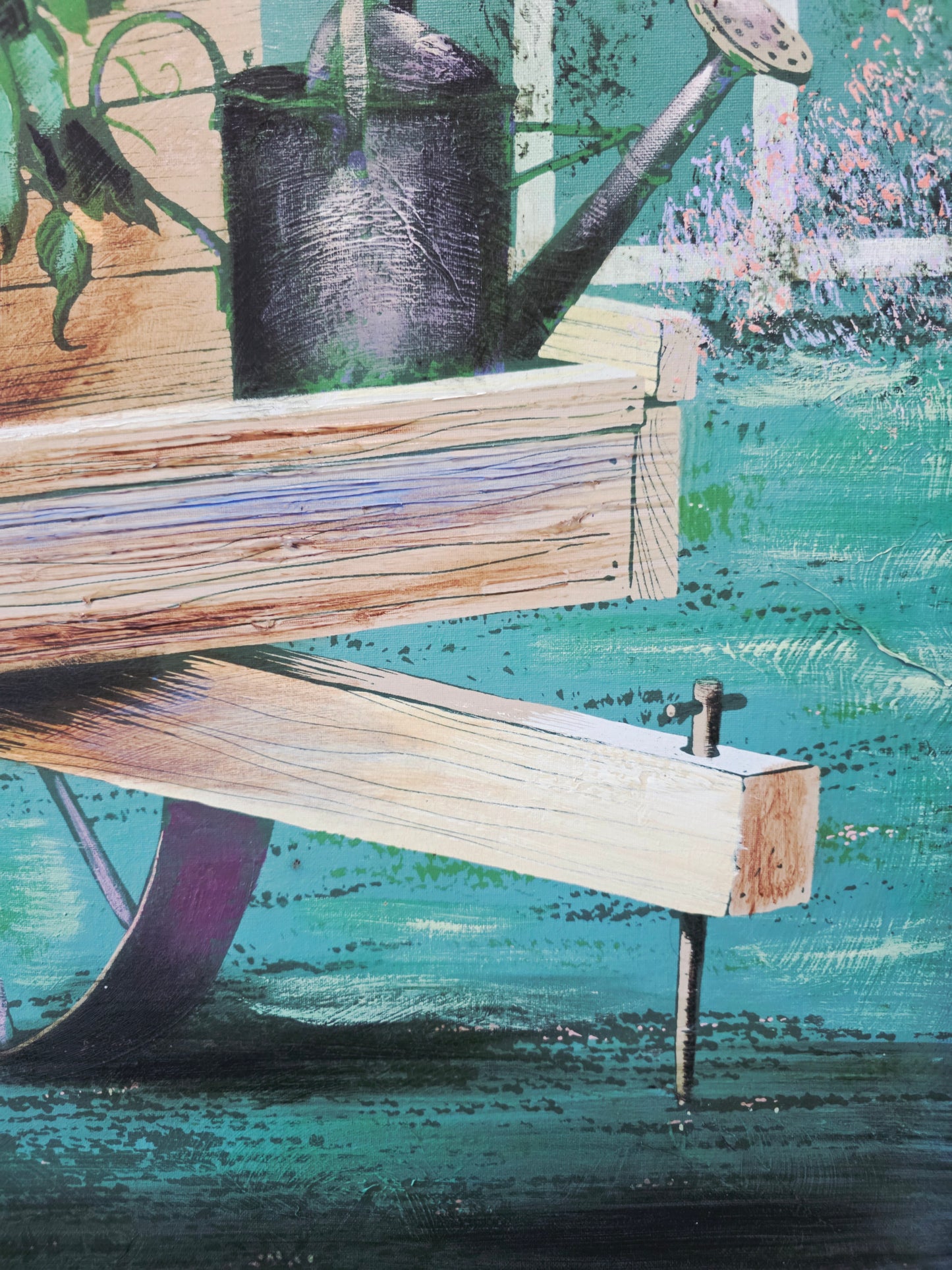 Cuadro al Oleo Firmado – Escena Floral con Carreta Campestre 🌸🌿🖌️