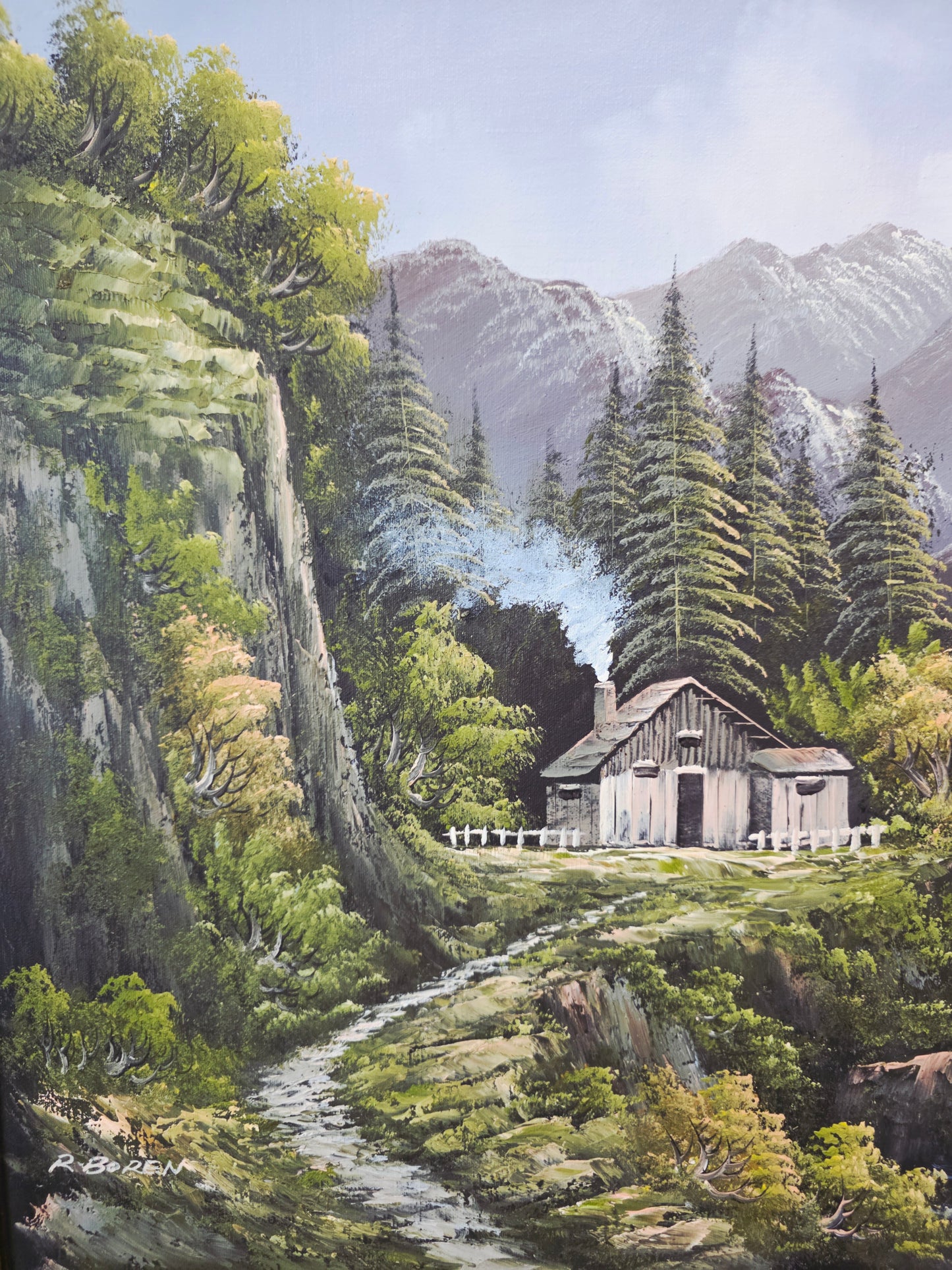 Pintura Original al Oleo – Cabaña entre Montañas y Lago por R. Boren 🖌️🎨