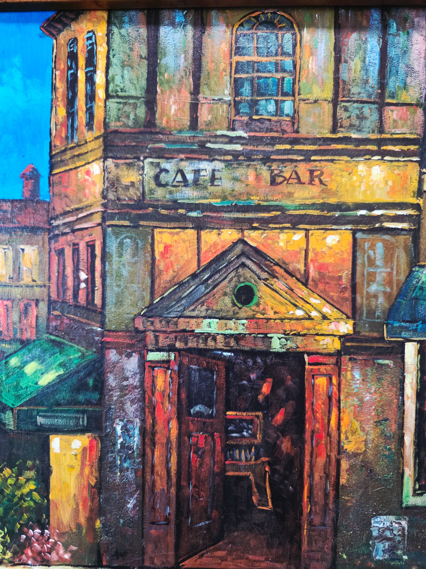 Cuadro al Oleo Firmado por C. Ester – Escena Urbana con Café Europeo 🌸🌿🖌️