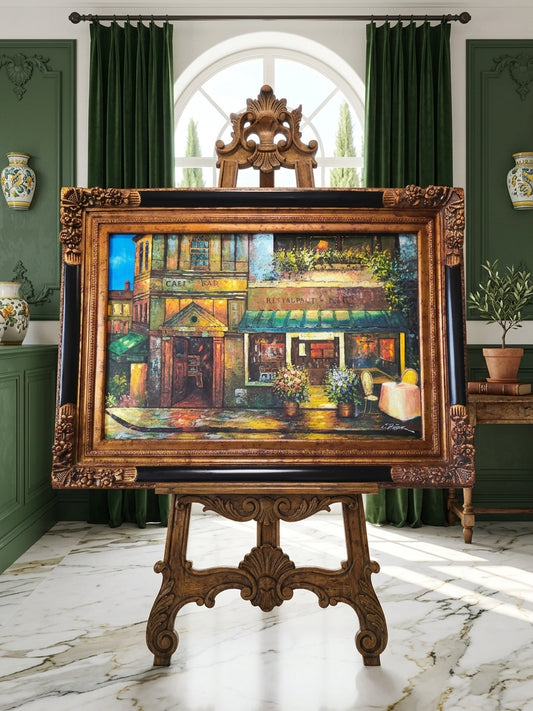 Cuadro al Oleo Firmado por C. Ester – Escena Urbana con Café Europeo 🌸🌿🖌️