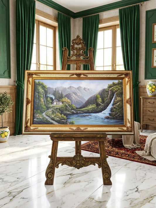 Pintura Original al Oleo – Cabaña entre Montañas y Lago por R. Boren 🖌️🎨