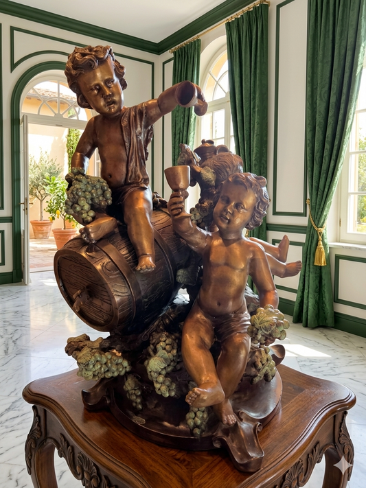 Escultura de Bronce con Putti Bácchicos – Celebración del Vino y la Abundancia 🌿🪙🍇