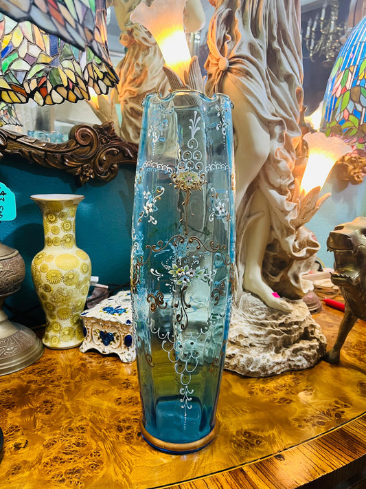 🌸🏺🌸Florero de Crystal Azul con Detalles Florales en Venta Año de emisión 1960🌸🏺🌸