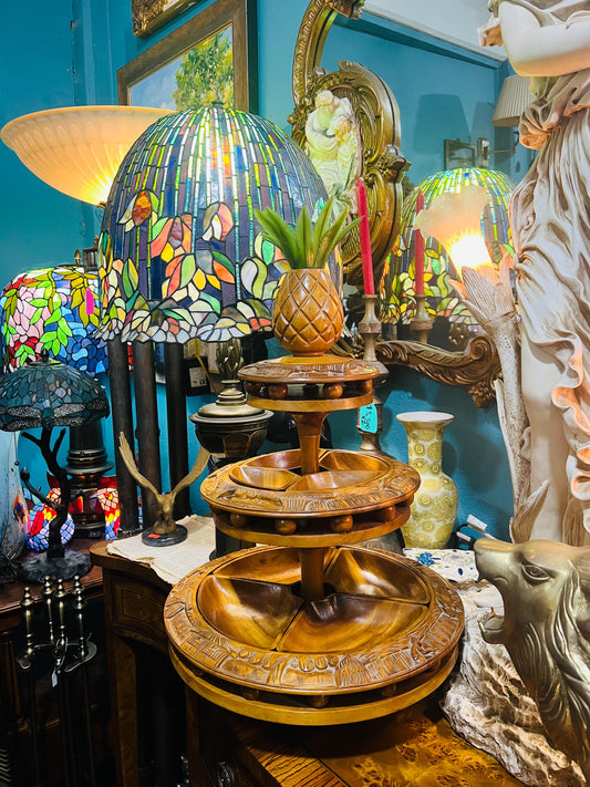 ✨Mid Century Lazy Susan de 3 niveles, Monkey Pod de madera✨