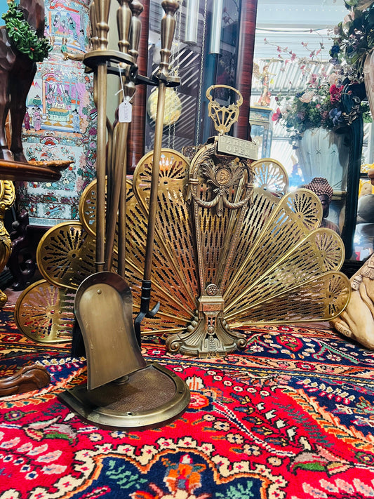 🌟 Juego de Herramientas para Chimenea de Latón Antiguo con pantalla para chimenea🔥✨