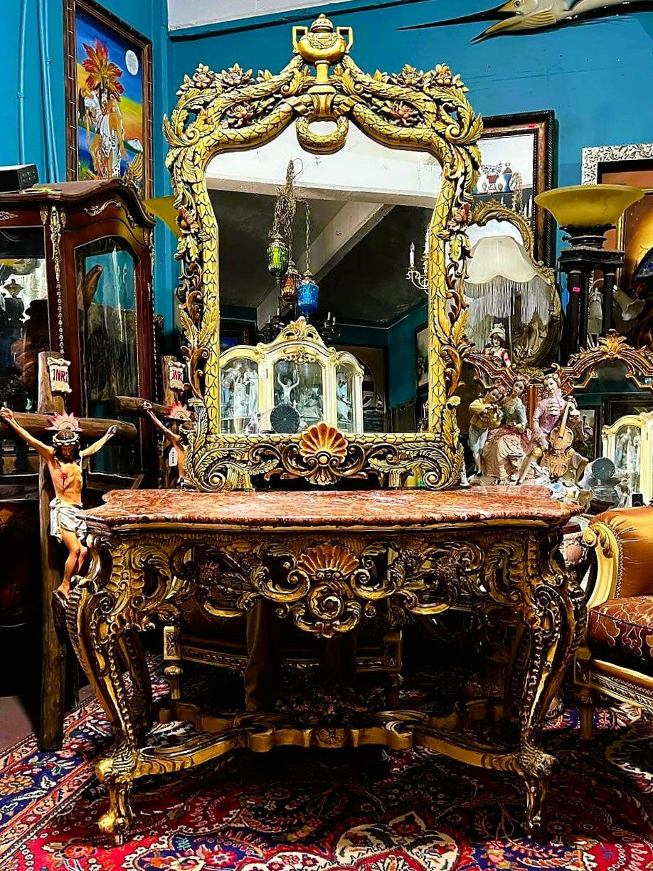 ✨Consola Antigua con Espejo Tallado a Mano Exquisita y Elegante ✨