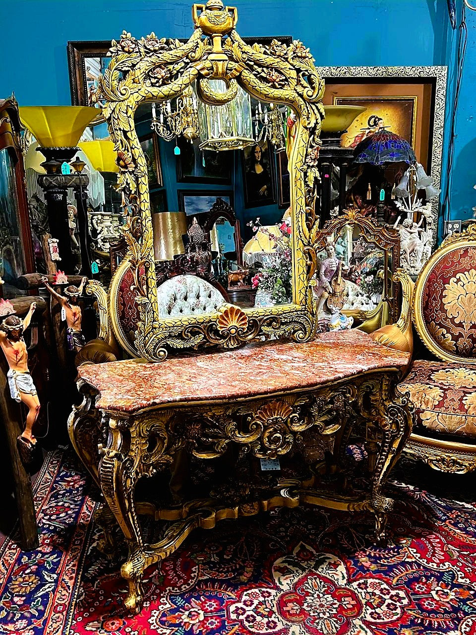 ✨Consola Antigua con Espejo Tallado a Mano Exquisita y Elegante ✨