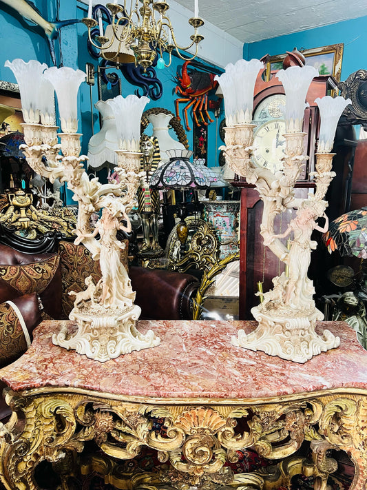 🌟🔮 Pair of Vintage Woman Sculpture Lamps with 5 White Tulip-Shaped Glass Shades 🔮🌟