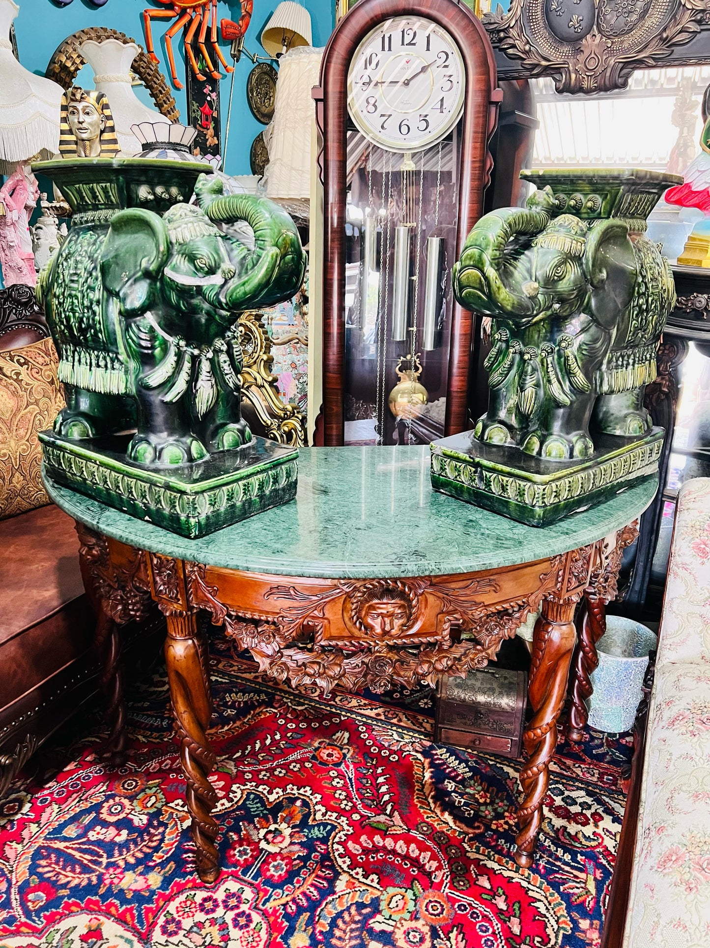 💚🐘💚Elefantes Cerámicos Vintage - Asiento o Mesa Auxiliar en Estilo Boho Majolica Verde💚🐘💚