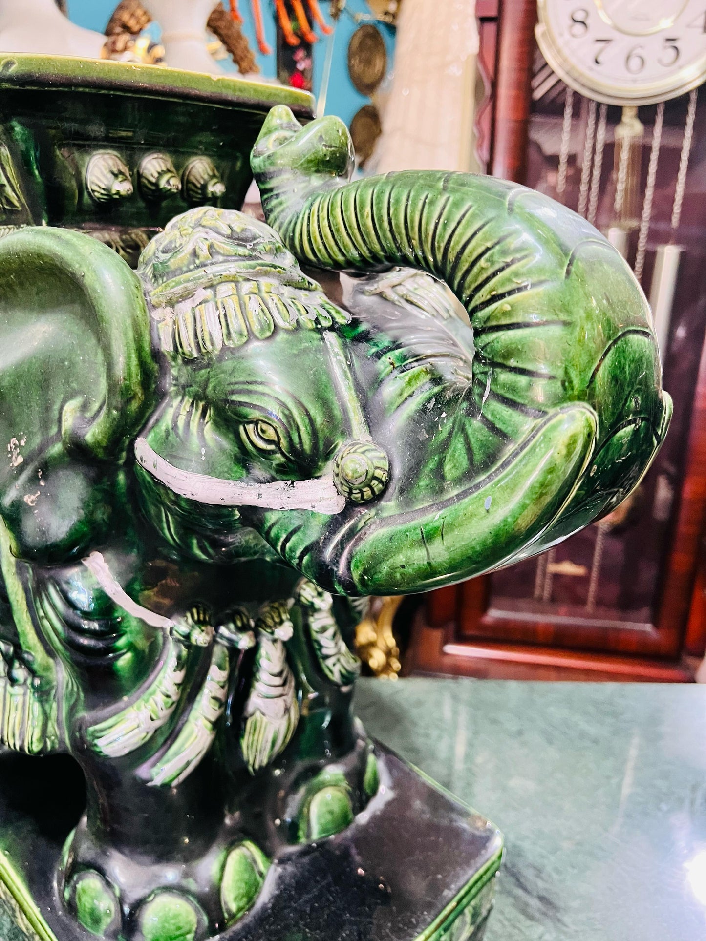 💚🐘💚Elefantes Cerámicos Vintage - Asiento o Mesa Auxiliar en Estilo Boho Majolica Verde💚🐘💚