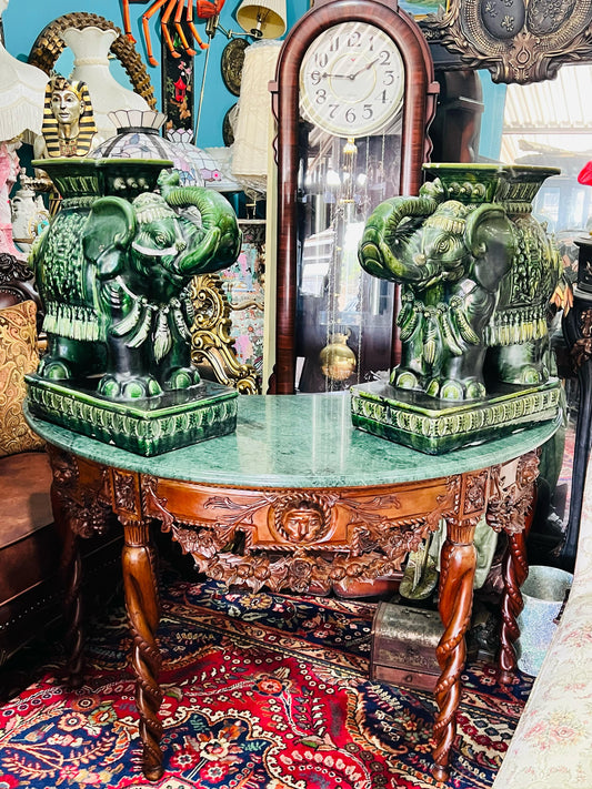 💚🐘💚Vintage Ceramic Elephants - Green Majolica Boho Style Seat or Side Table💚🐘💚