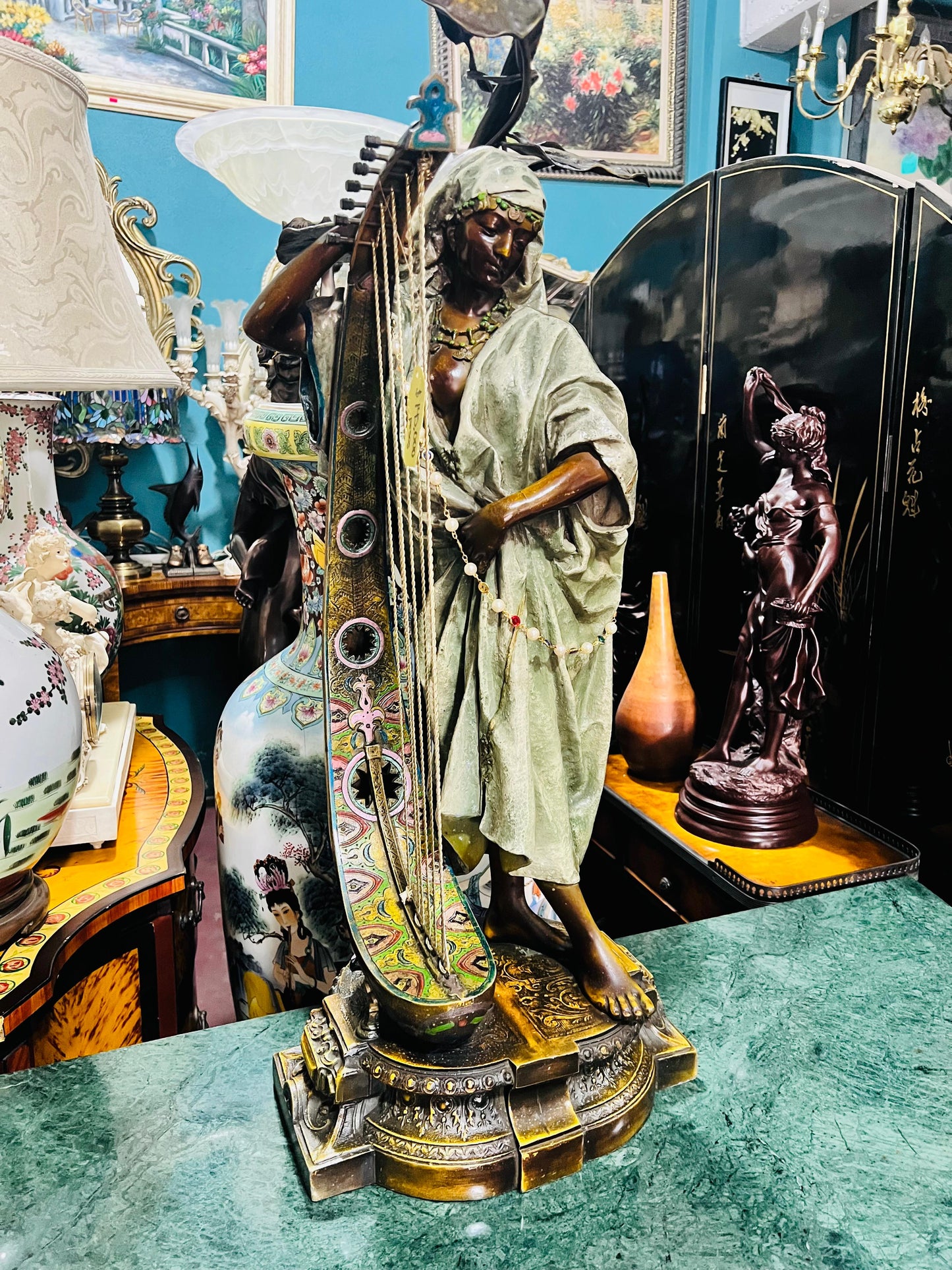 🔱Bronze Sculpture "Jeune Harpiste Arabique" by Louis Hottot - A Masterpiece for Sale🔱
