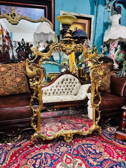 ✨ Espejo Glamuroso Estilo Chino Chippendale en Madera Tallada Decorado En Hoja De Oro ✨