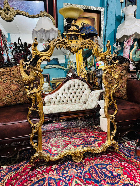 ✨ Espejo Glamuroso Estilo Chino Chippendale en Madera Tallada Decorado En Hoja De Oro ✨