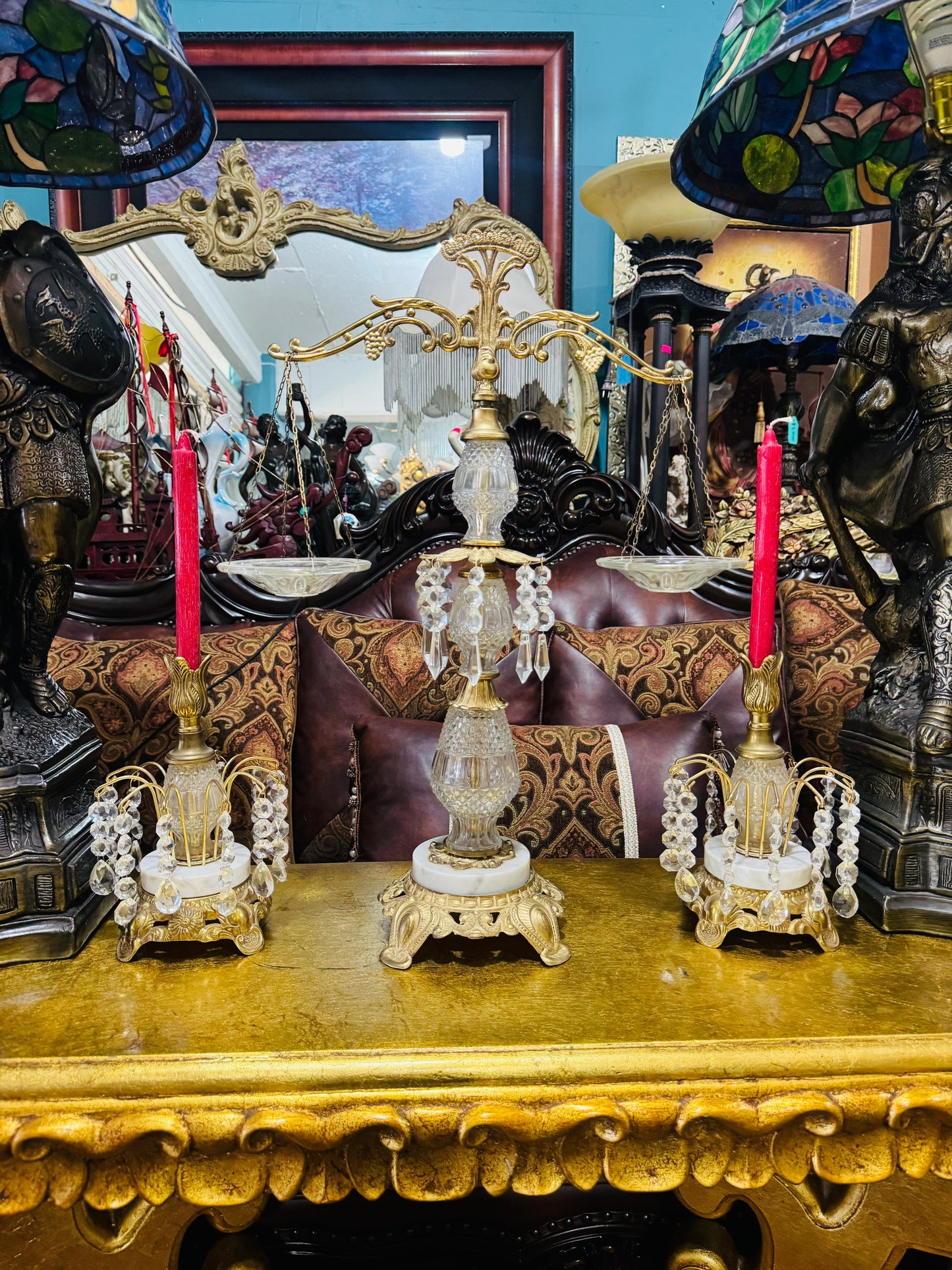 🕯️⚖️ Decorative Brass Set with Crystals – Vintage Scales and Candlesticks⚖️🕯️