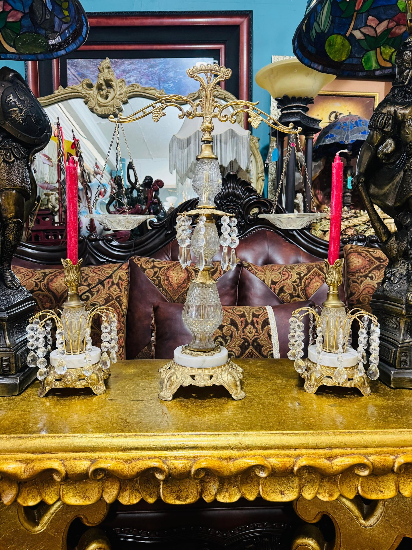 🕯️⚖️ Decorative Brass Set with Crystals – Vintage Scales and Candlesticks⚖️🕯️