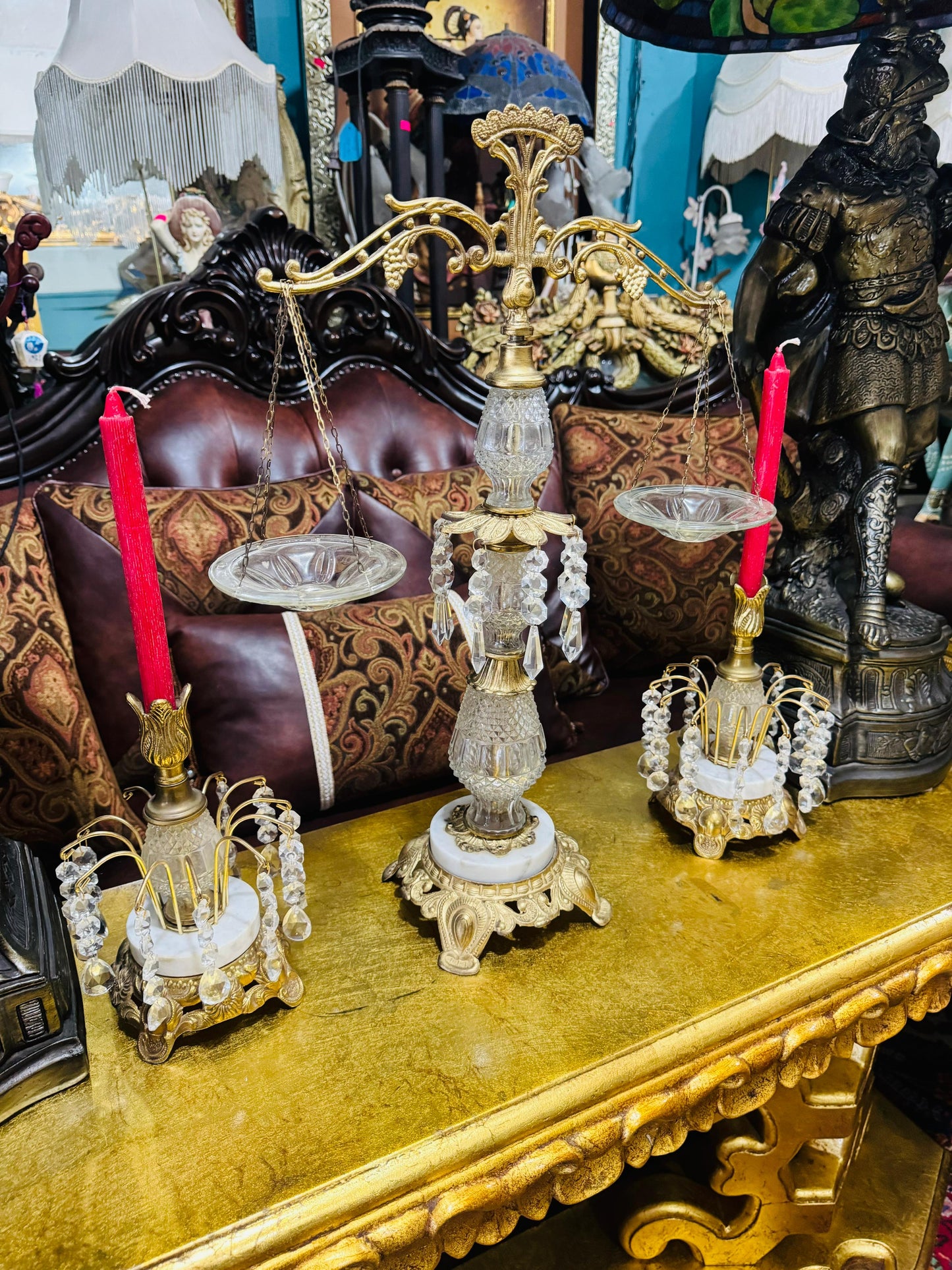🕯️⚖️ Decorative Brass Set with Crystals – Vintage Scales and Candlesticks⚖️🕯️