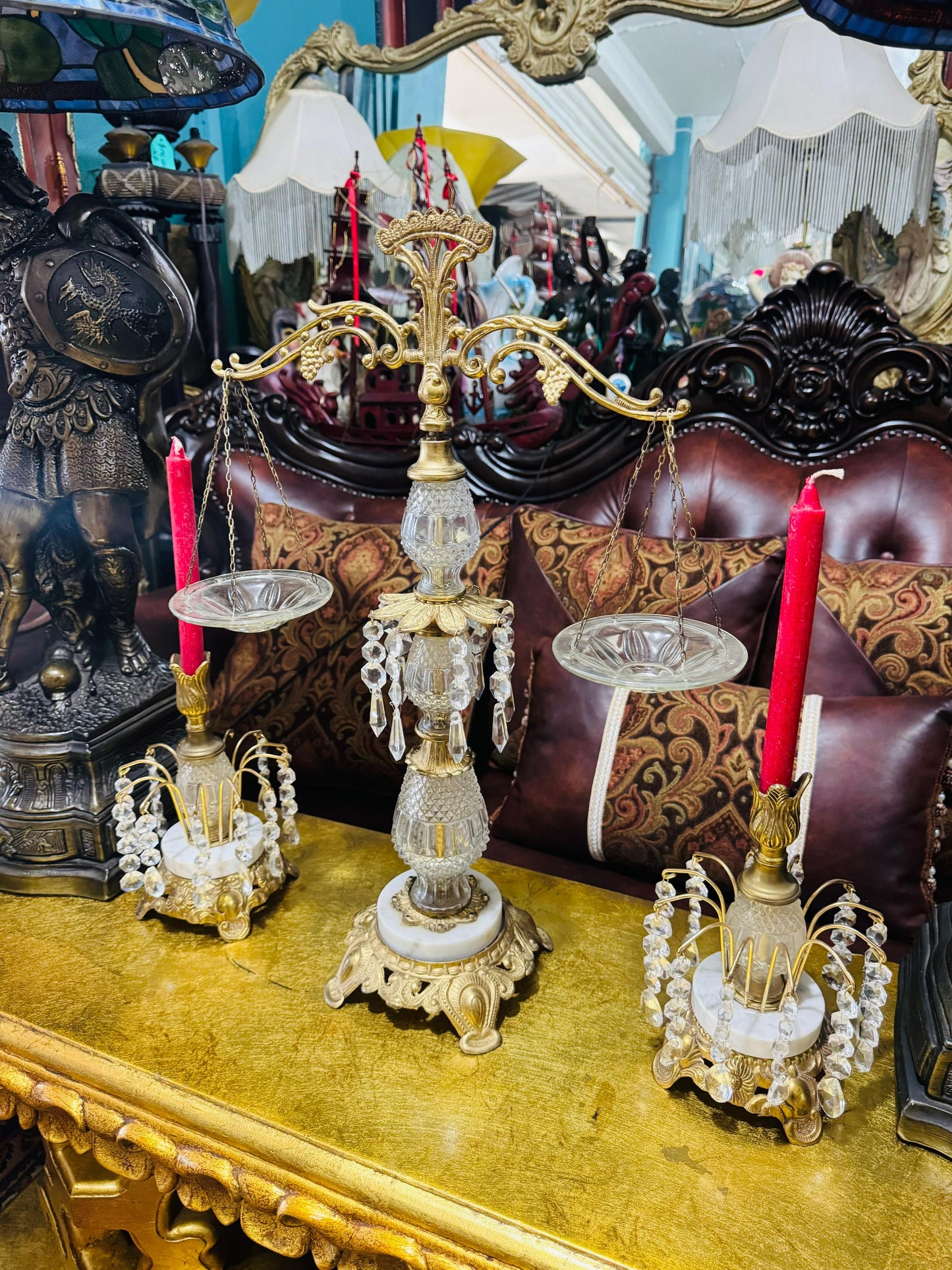 🕯️⚖️ Decorative Brass Set with Crystals – Vintage Scales and Candlesticks⚖️🕯️