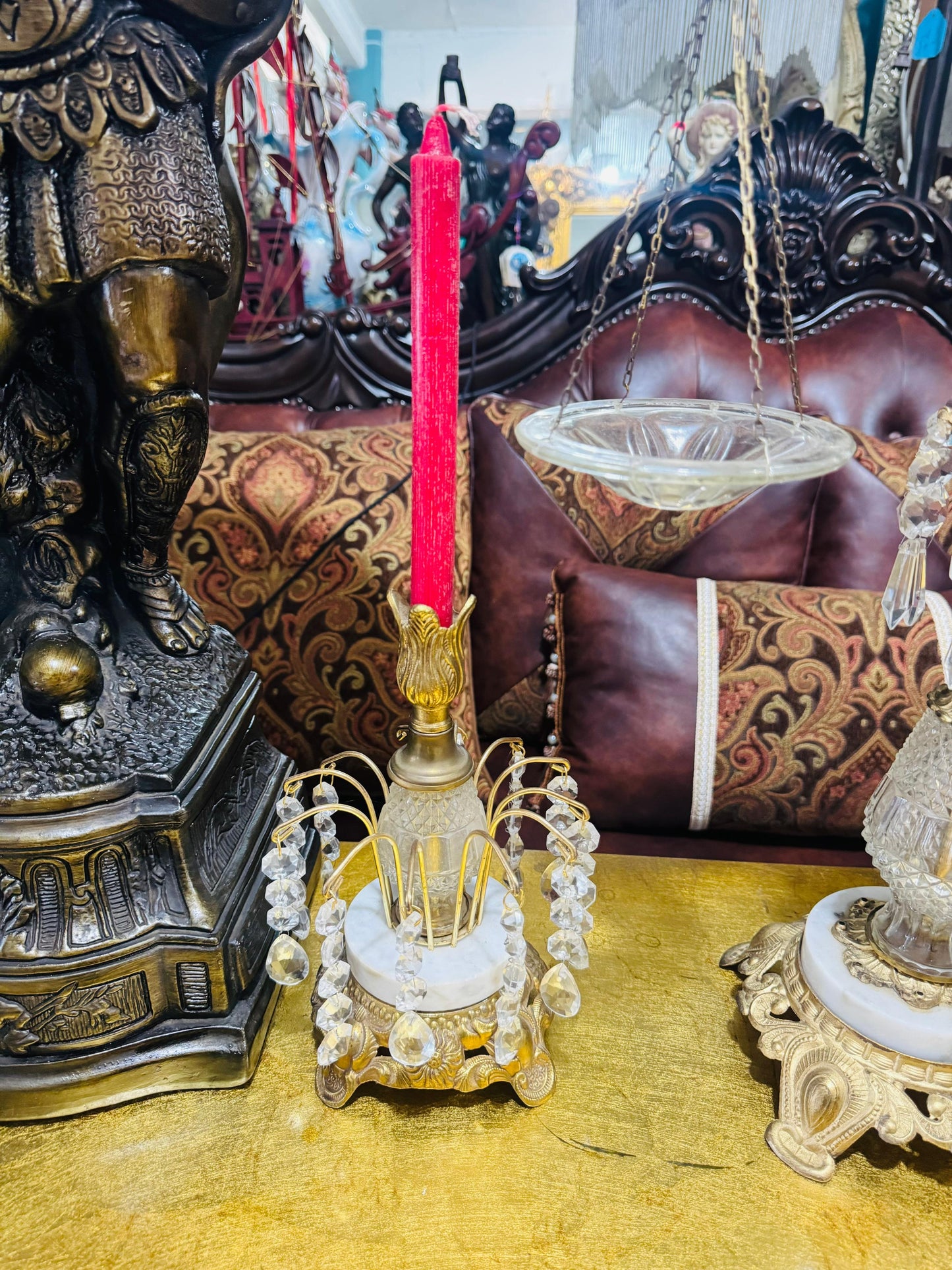 🕯️⚖️ Decorative Brass Set with Crystals – Vintage Scales and Candlesticks⚖️🕯️