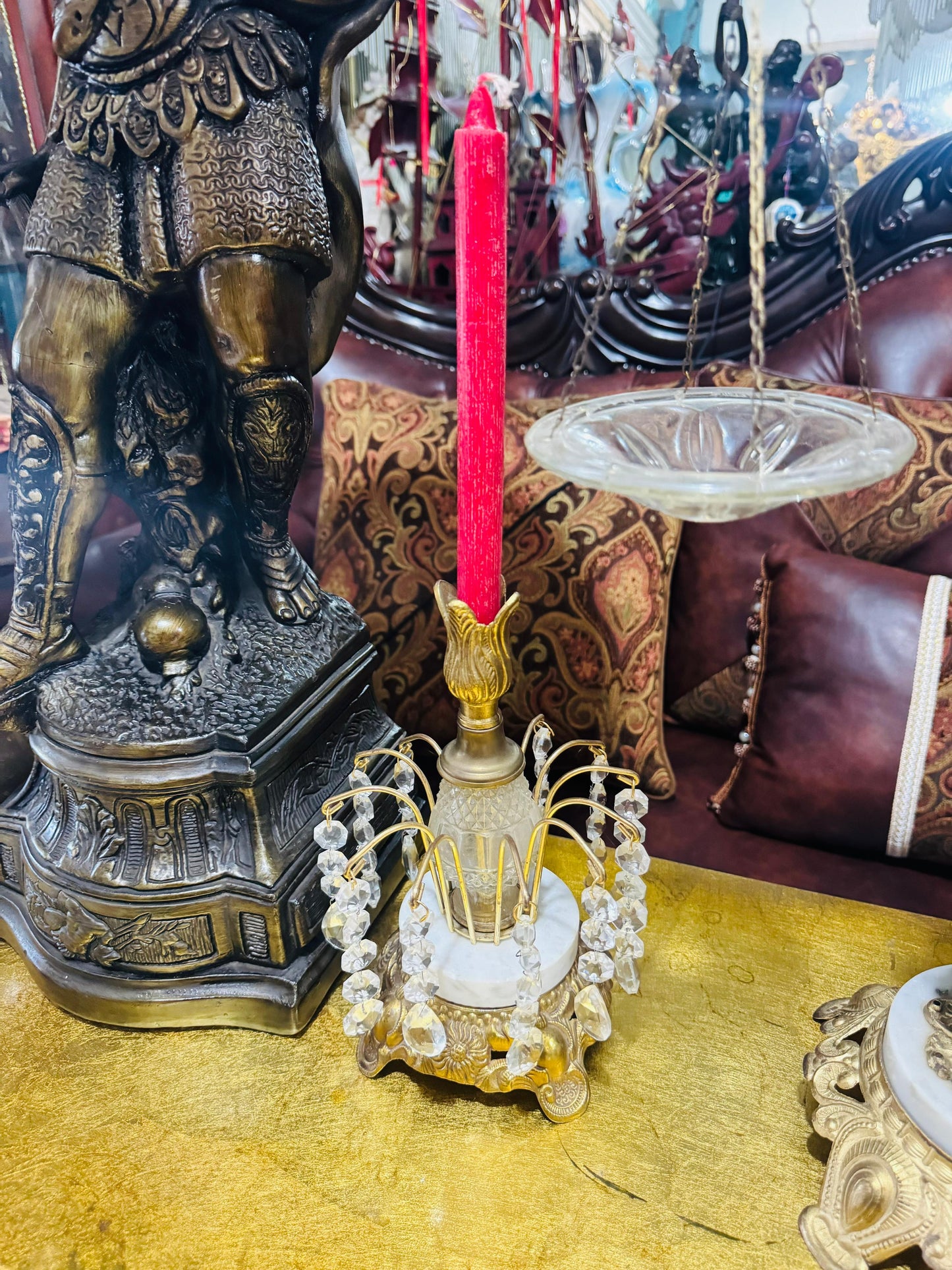 🕯️⚖️ Decorative Brass Set with Crystals – Vintage Scales and Candlesticks⚖️🕯️