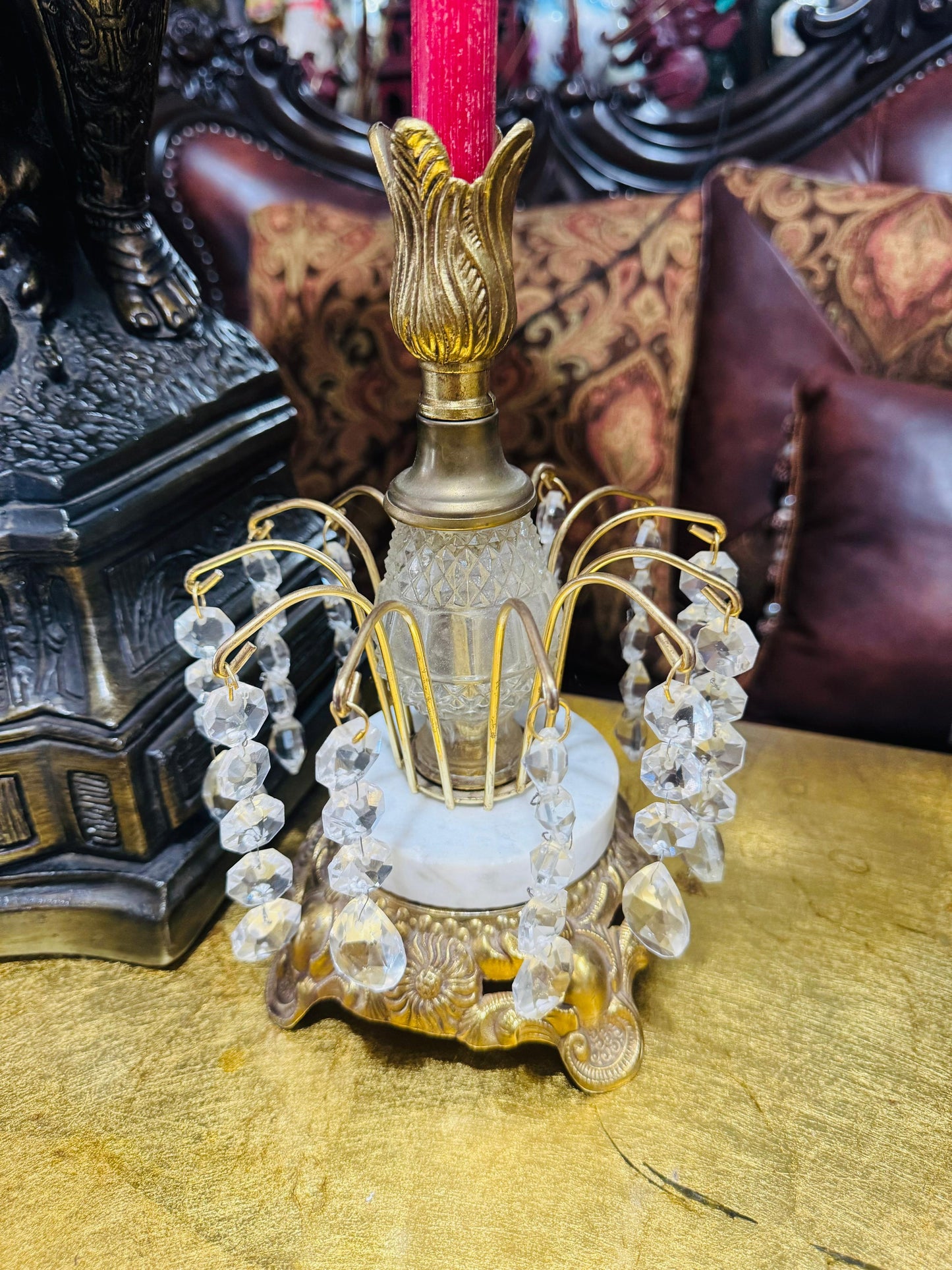 🕯️⚖️ Decorative Brass Set with Crystals – Vintage Scales and Candlesticks⚖️🕯️
