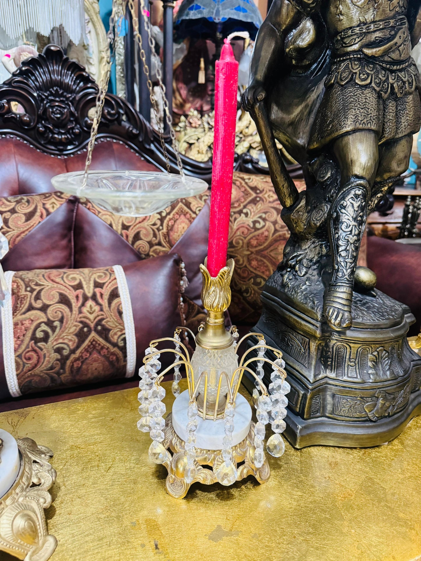 🕯️⚖️ Decorative Brass Set with Crystals – Vintage Scales and Candlesticks⚖️🕯️