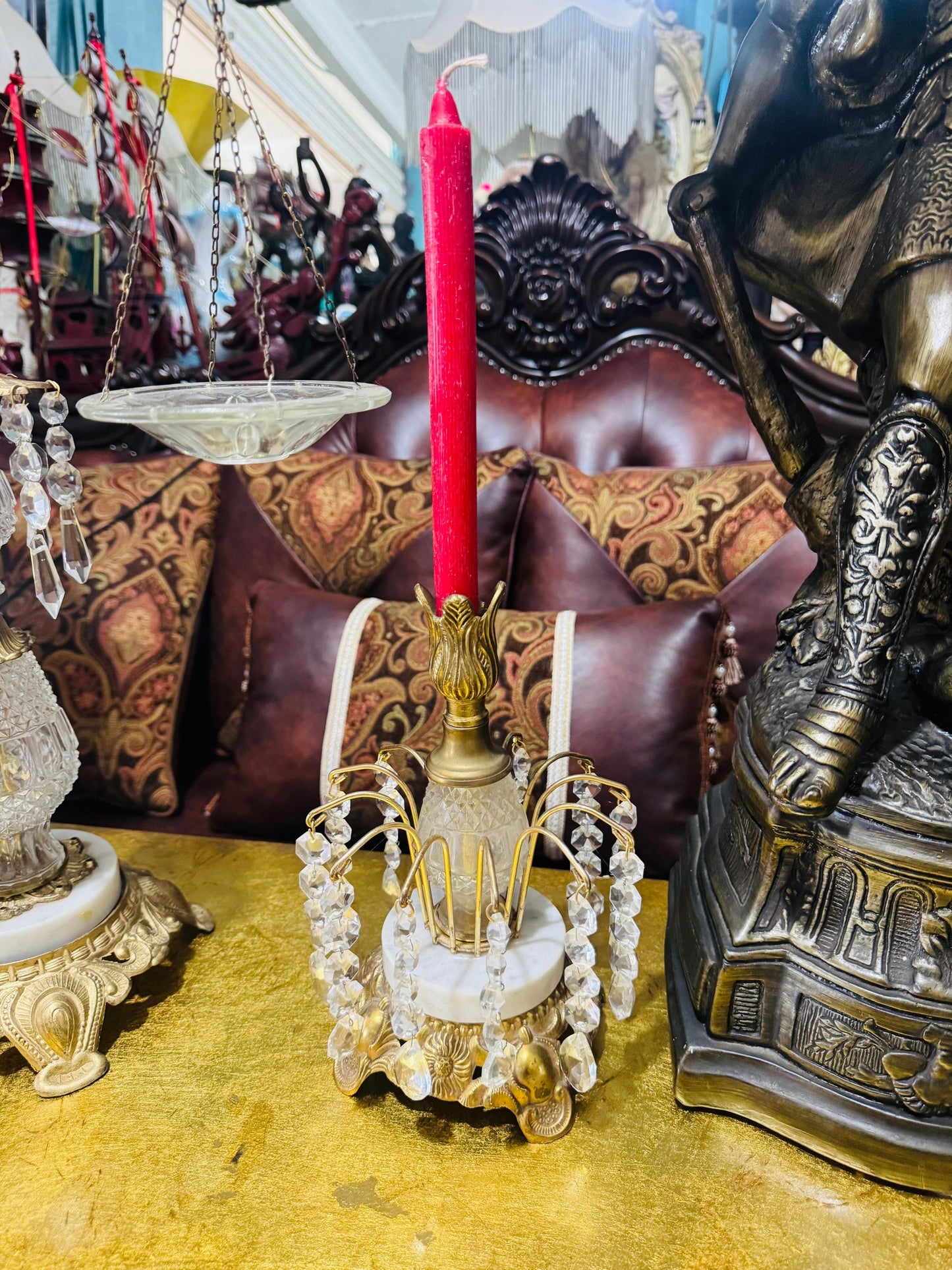 🕯️⚖️ Decorative Brass Set with Crystals – Vintage Scales and Candlesticks⚖️🕯️