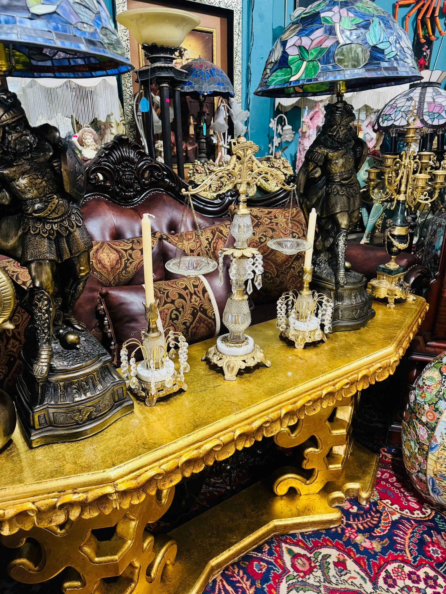🕯️⚖️ Decorative Brass Set with Crystals – Vintage Scales and Candlesticks⚖️🕯️